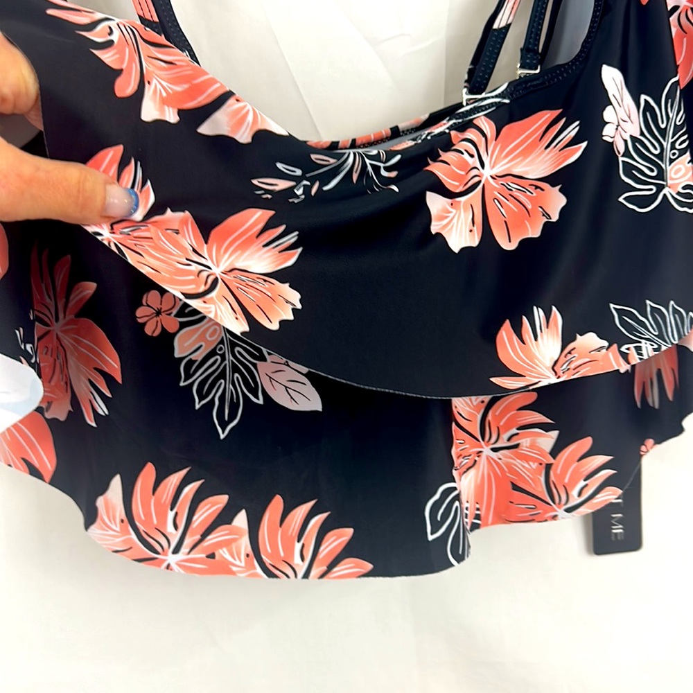 Temp Me - Black & Coral Floral Off the Shoulder Swim Top Removable strap… - Picture 3 of 6